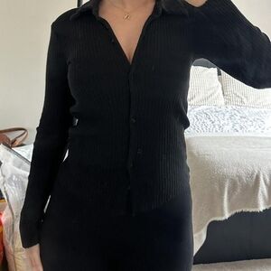 black ribbed long sleeve button up shirt